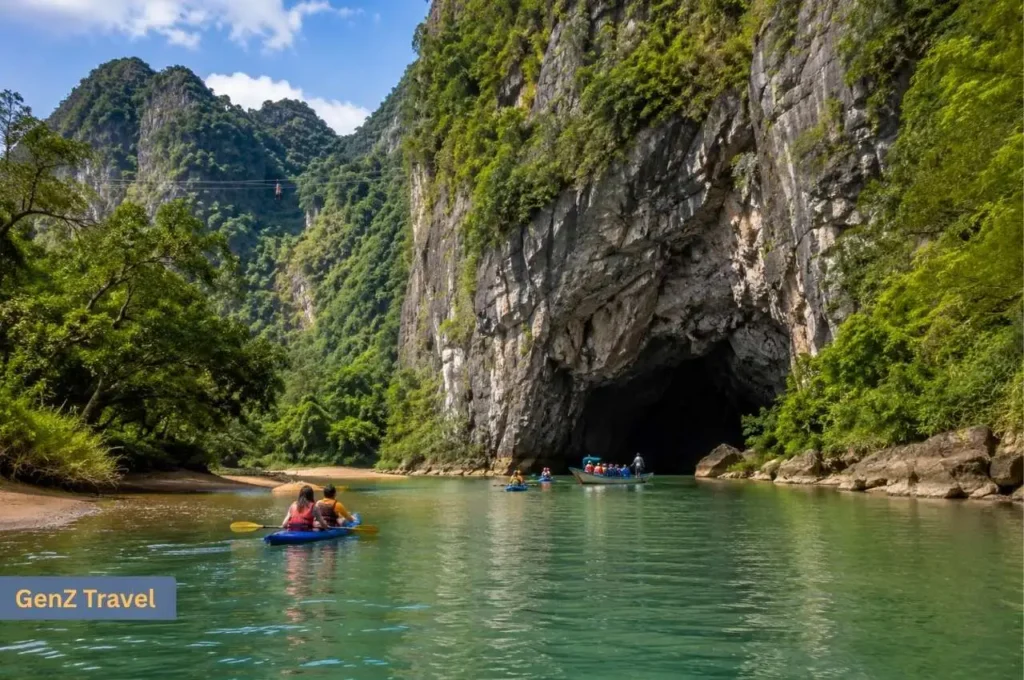 Travellers kayaking towards a large limestone cave entrance in Phong Nha-Ke Bang National Park, Vietnam
