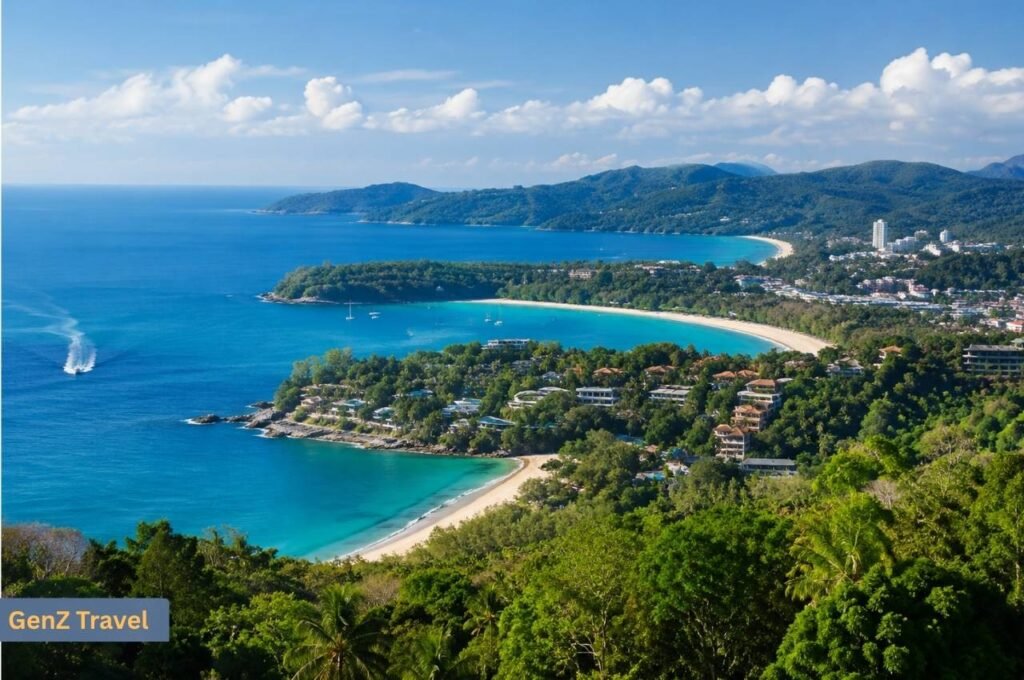 Panoramic view of Phuket’s tropical bays, green hills and beachfront resorts