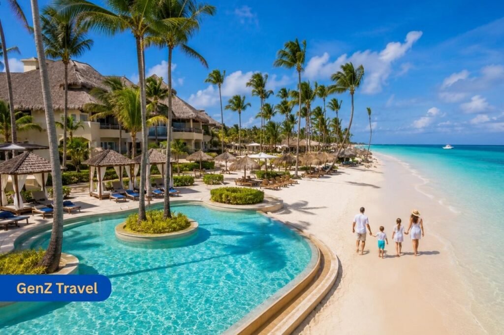 Family Caribbean holiday resort with beach, pool and palm trees