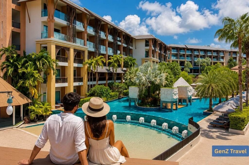 Couple overlooking the tropical pool at Rawai Palm Beach Resort in Phuket