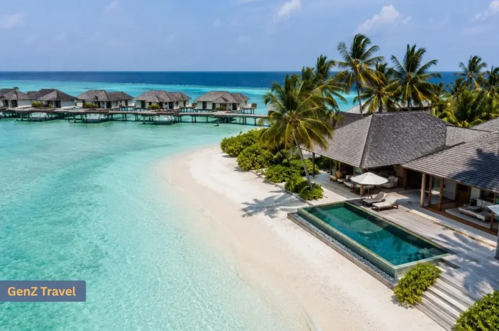 Aerial view of a private Maldives resort with a beachfront villa, infinity pool and overwater bungalows.