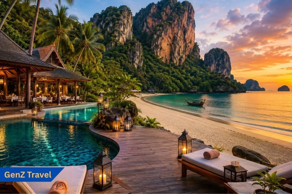 Krabi beachfront resort with limestone cliffs at sunset
