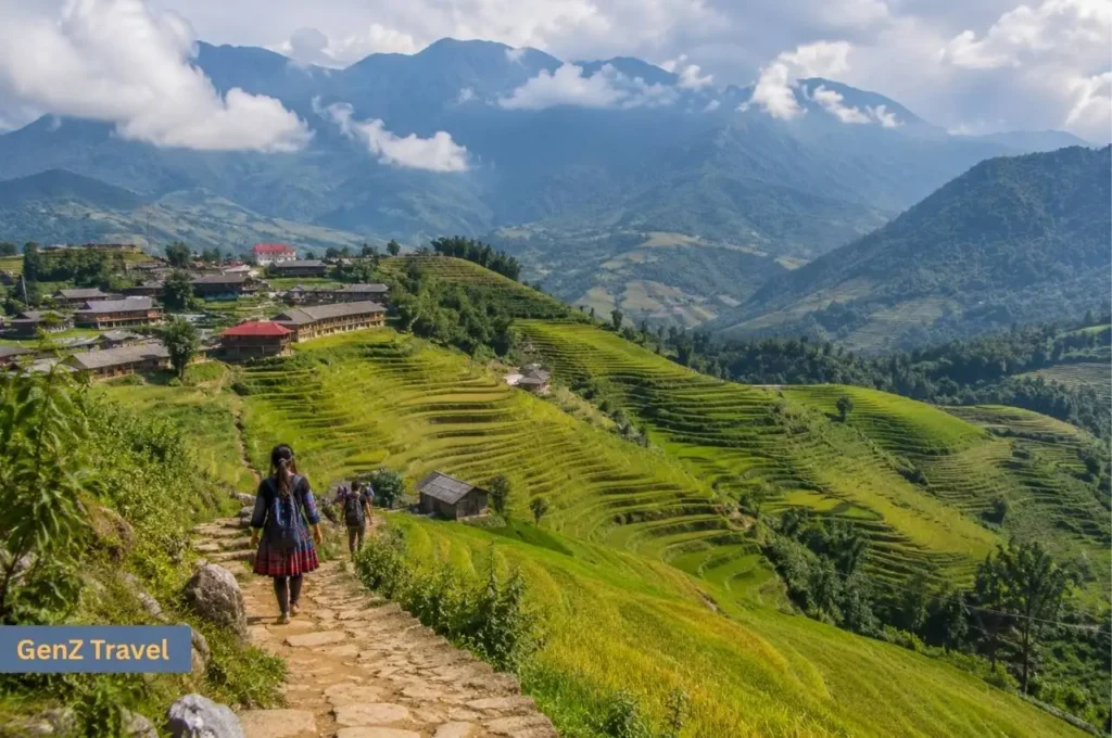Hikers walking through green terraced rice fields beneath misty mountains near Sapa, northern Vietnam