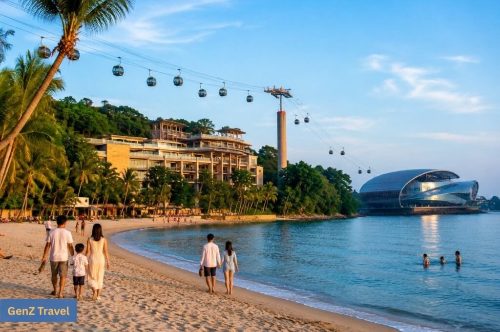 Families walking along a tropical beach beneath the cable cars on Sentosa Island, Singapore.