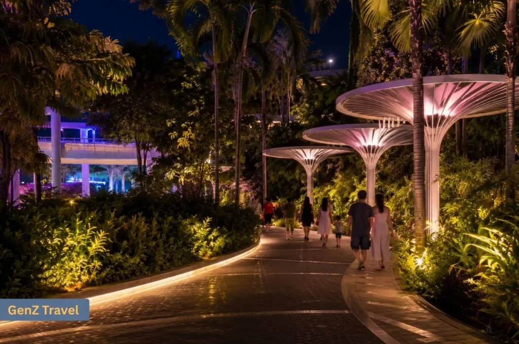 Illuminated tropical walkway at Sentosa Sensoryscape with visitors strolling after dark