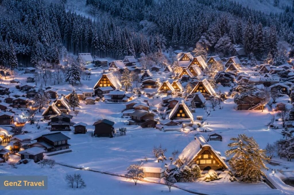 Shirakawa-go: Snow-covered gassho-zukuri farmhouses glowing at dusk in Shirakawa-go.