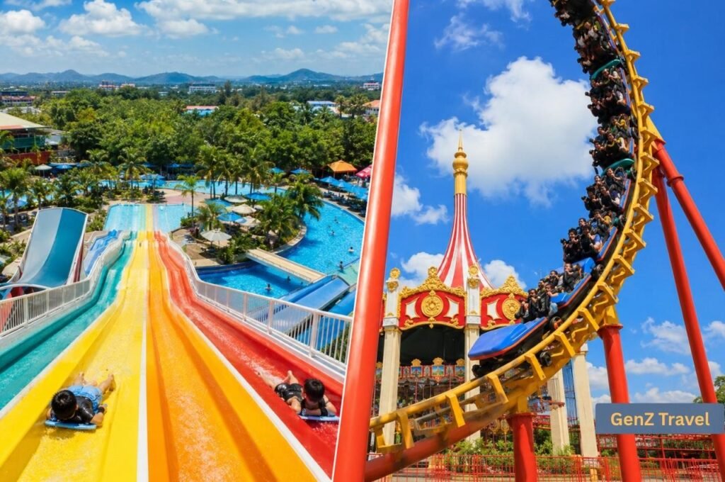 Split view of water slides and a looping roller coaster at Siam Amazing Park in Bangkok