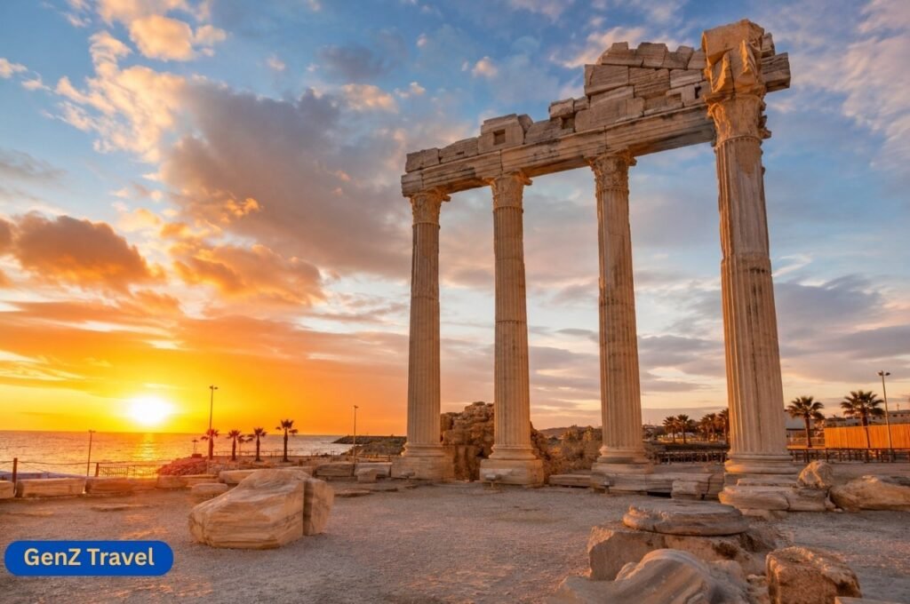 Temple of Apollo in Side at sunset with Roman ruins by the sea in Turkey