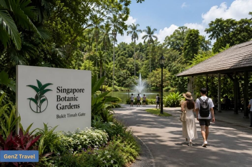 Visitors walking through the tropical entrance of Singapore Botanic Gardens at Bukit Timah Gate.