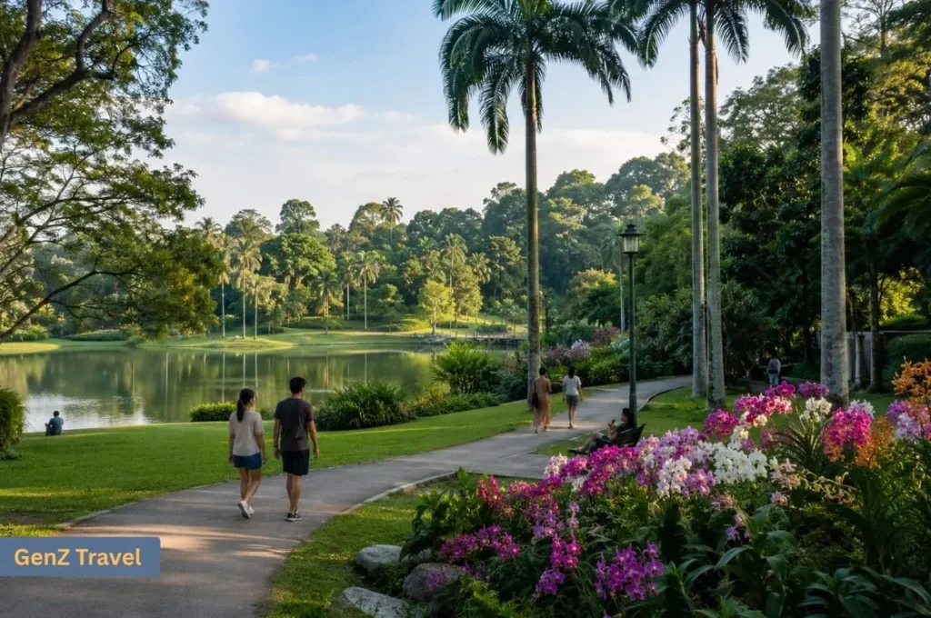 Visitors walking beside a peaceful lake and colourful orchids at Singapore Botanic Gardens