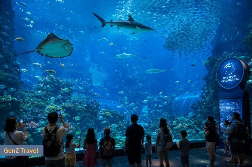Families watching sharks, rays and schools of fish inside Singapore Oceanarium
