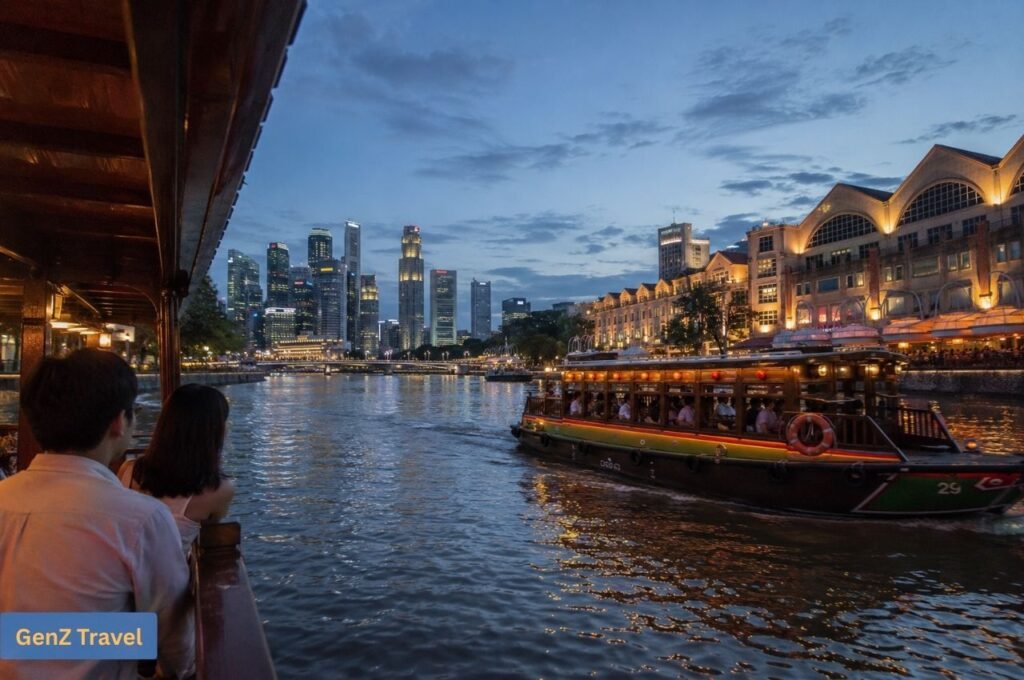 Traditional river cruise boat passing Clarke Quay and Singapore’s illuminated skyline at dusk.