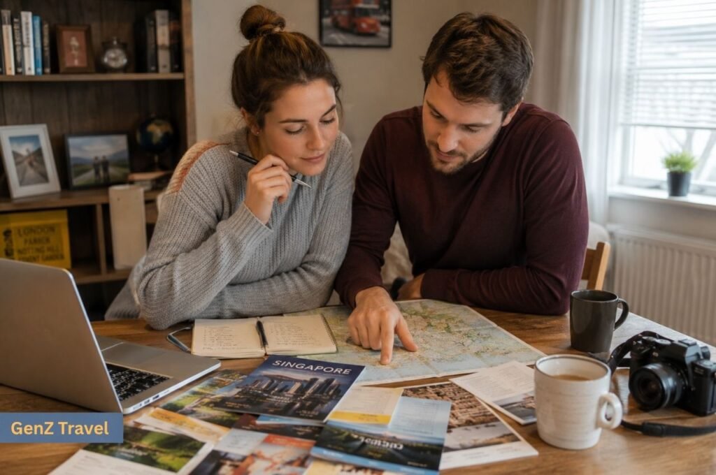UK couple planning their Singapore trip cost at a study table with a laptop, map and travel documents