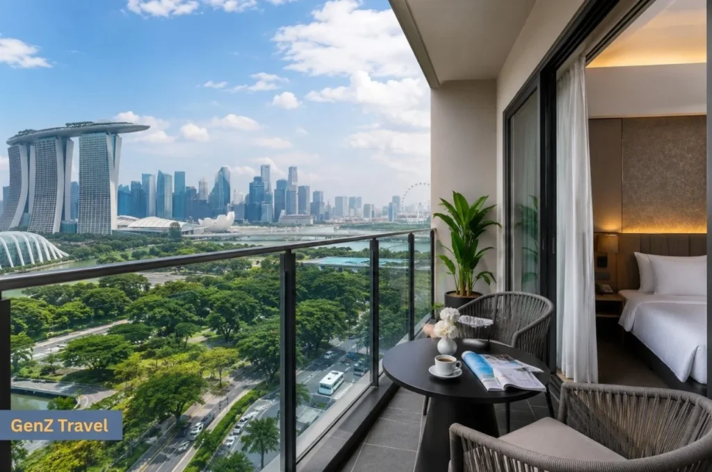 Modern Singapore hotel balcony overlooking Marina Bay Sands and the city skyline