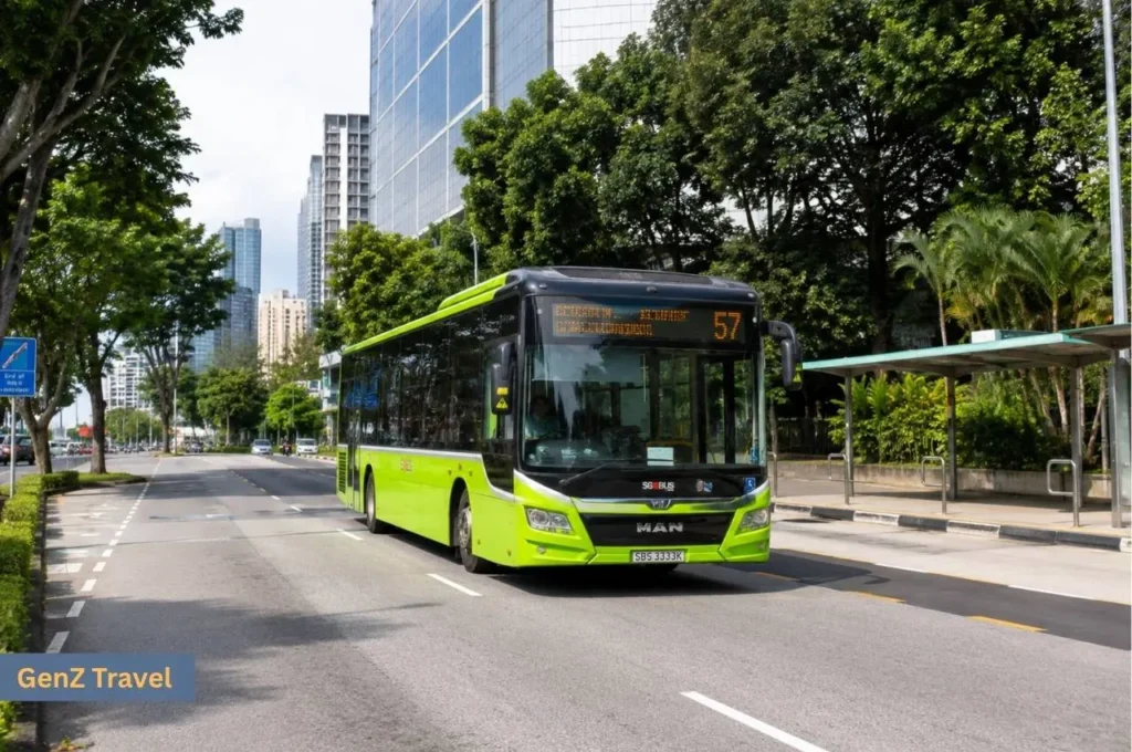 Public bus travelling along a clean, tree-lined road in central Singapore