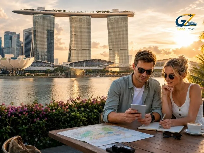 Couple planning their Singapore trip cost beside Marina Bay Sands at sunset with a GenZ Travel logo.