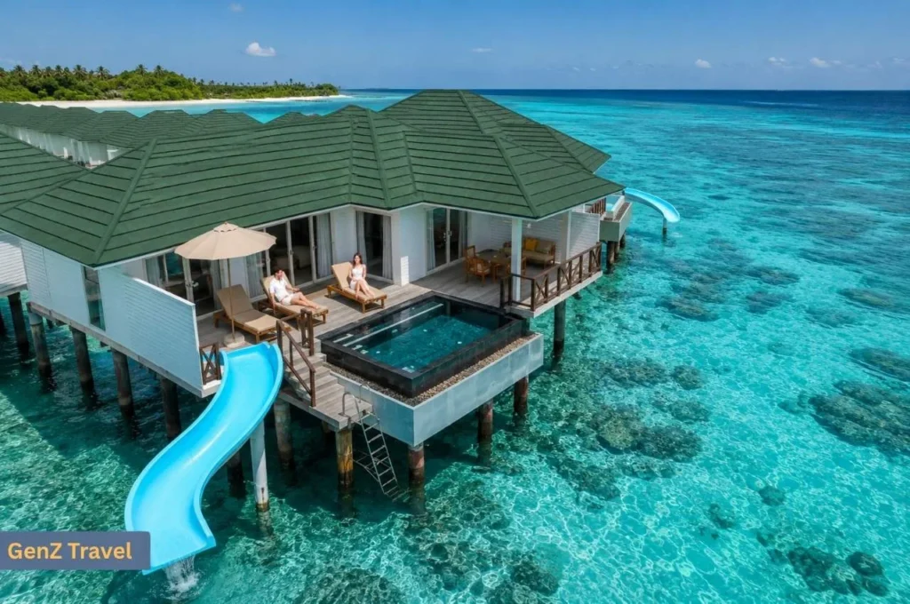 Siyam World Maldives water villa with private pool, slide and two guests relaxing on the deck