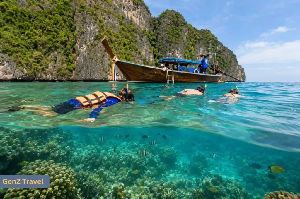 Travellers snorkelling in clear water beside a long-tail boat and coral reef near Phi Phi Leh.
