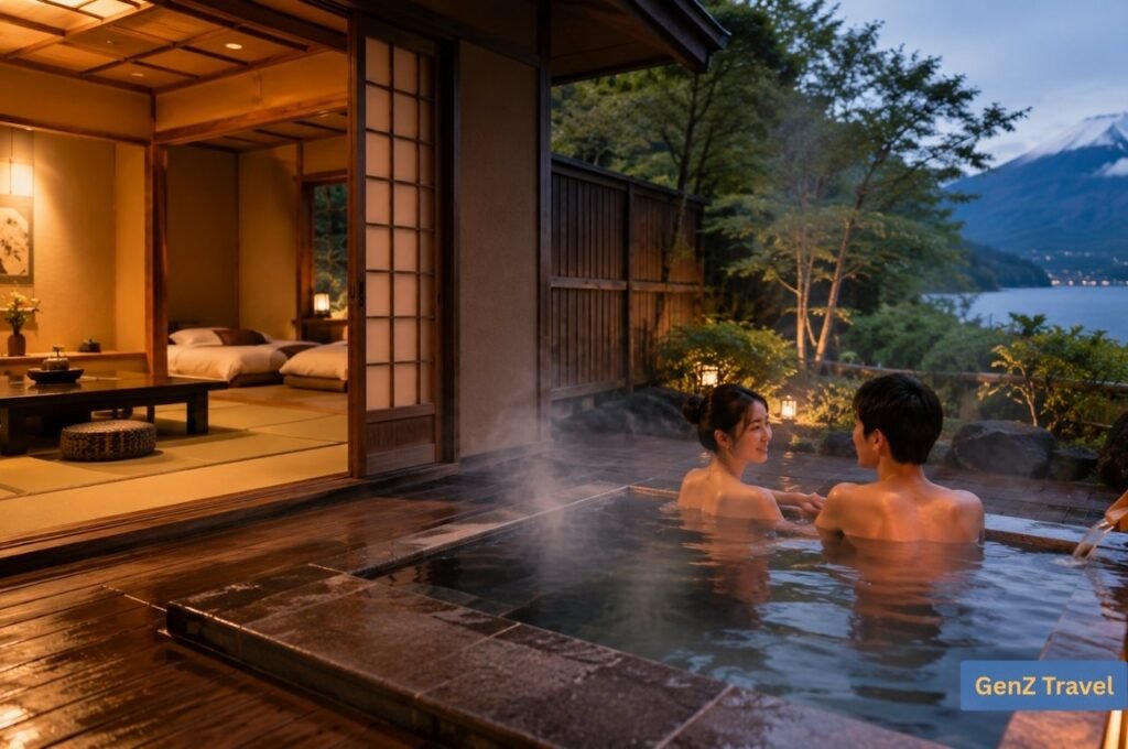 Couple enjoying a private onsen ryokan with Mount Fuji views on a Honeymoon Trip to Japan