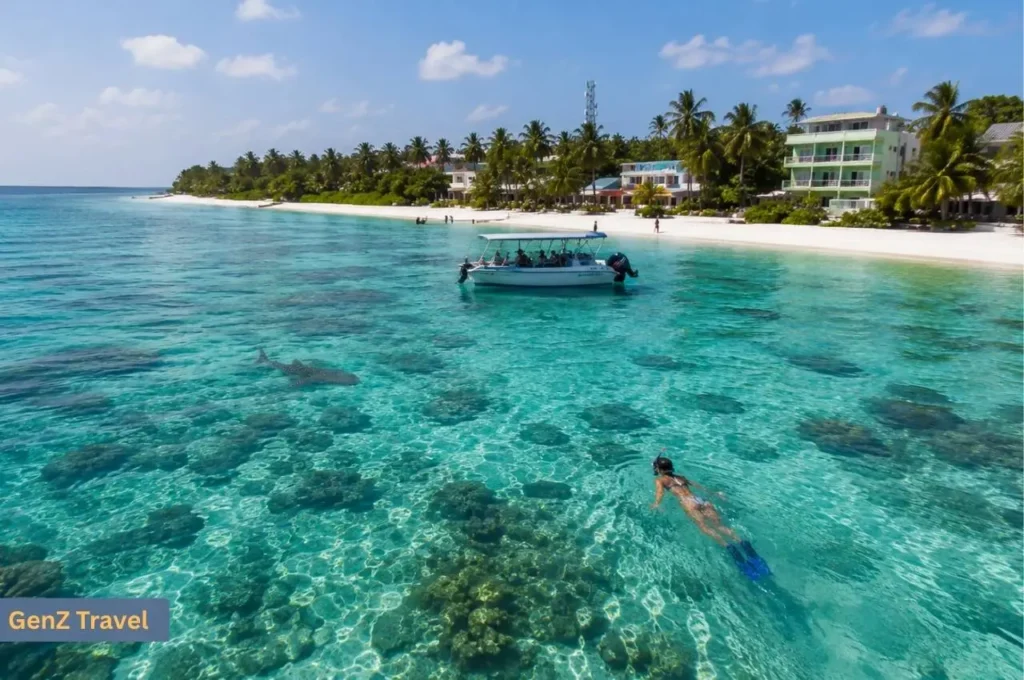 Snorkeller swimming near a whale shark in the clear waters off Dhigurah in South Ari Atoll