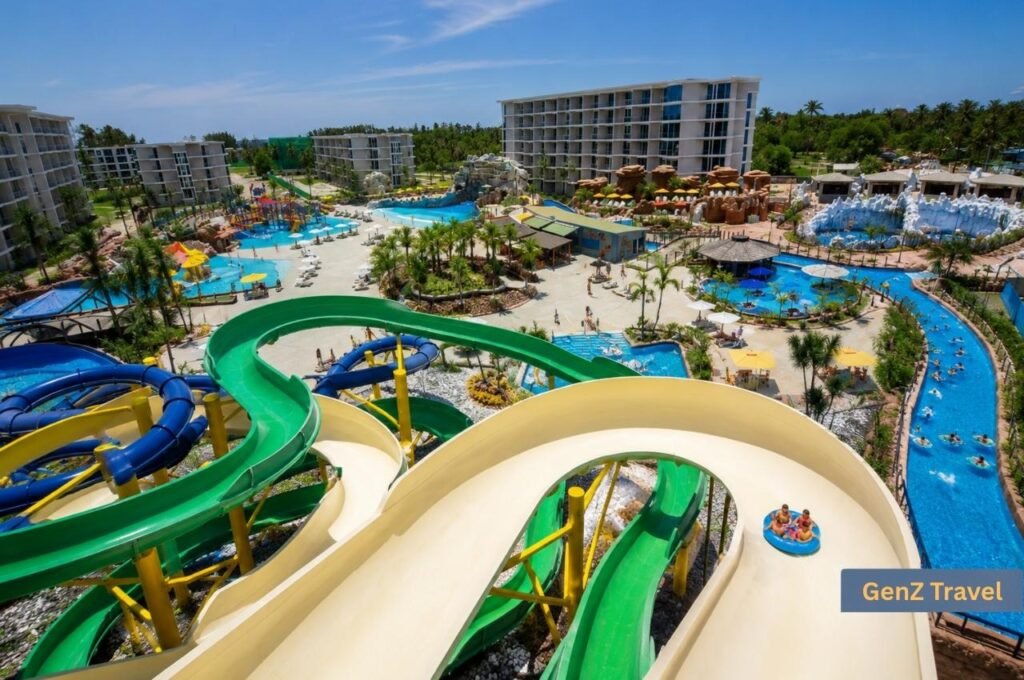 High-angle view of slides, pools and a lazy river at Splash Jungle Water Park in Phuket