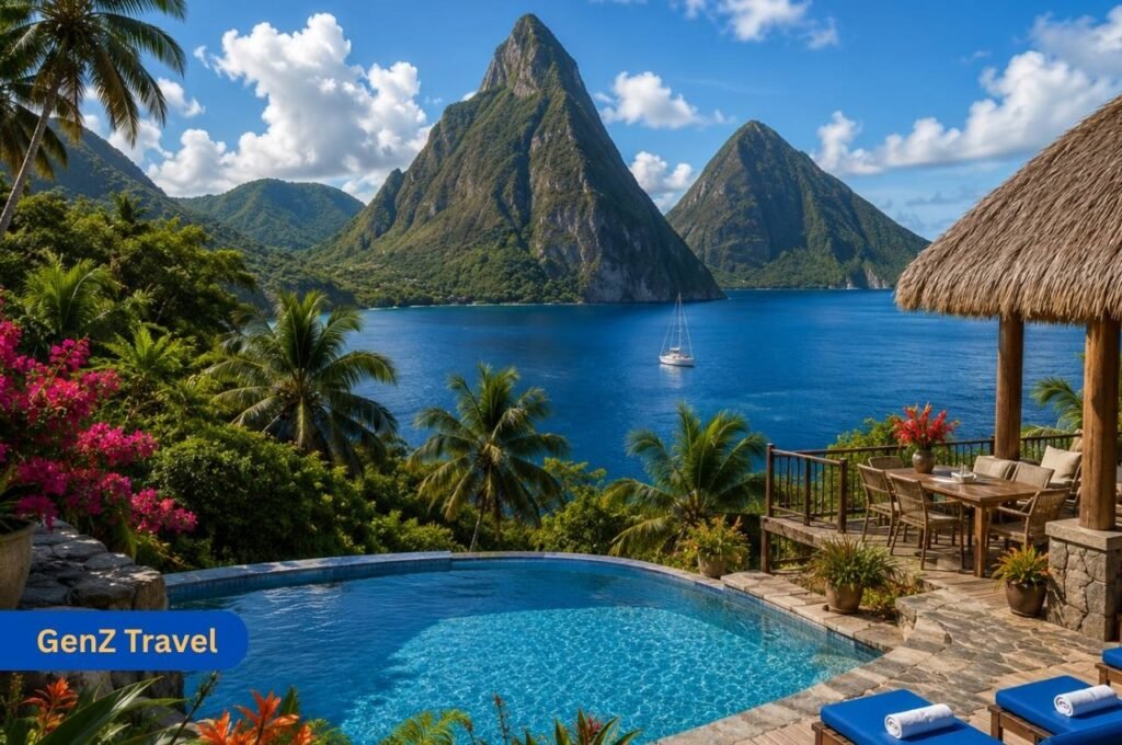 St Lucia Pitons view with luxury pool and Caribbean sea for honeymoon holidays