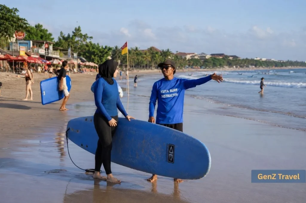 Beginner surfer receiving a lesson from an instructor on Kuta Beach in Bali.
