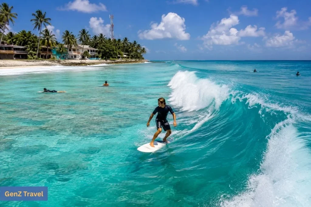 Surfer riding a turquoise wave near Thulusdhoo Island with palm trees and local guesthouses in the background.