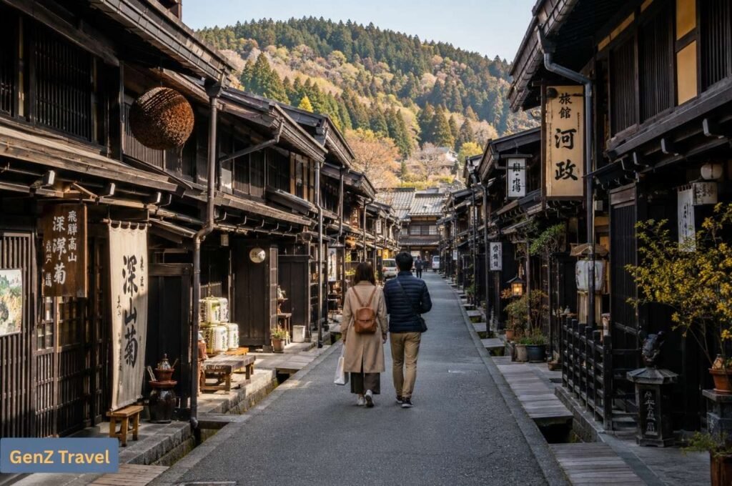Takayama: Couple walking through Takayama’s preserved old town with traditional wooden houses.