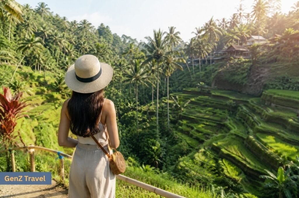 Traveller overlooking the tiered Tegalalang Rice Terrace near Ubud, Bali.