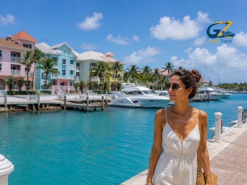 Woman exploring a colourful Caribbean marina, one of the best things to do in the Caribbean