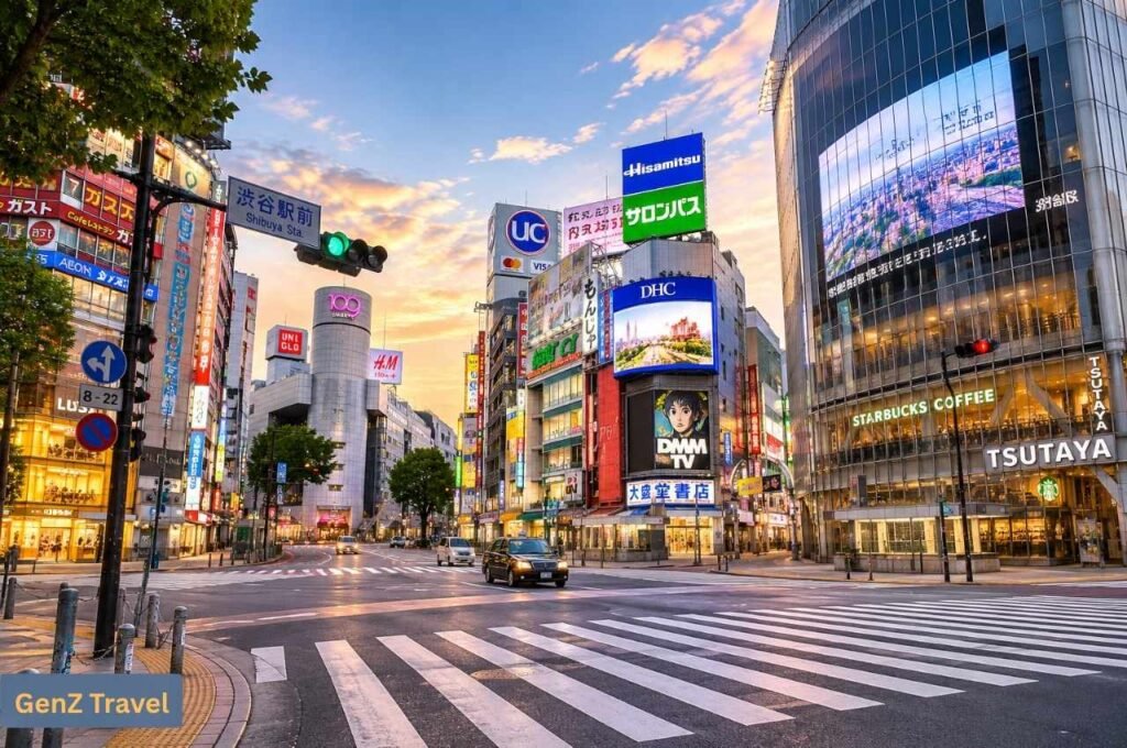 Tokyo: Shibuya Crossing surrounded by illuminated buildings and colourful city billboards.