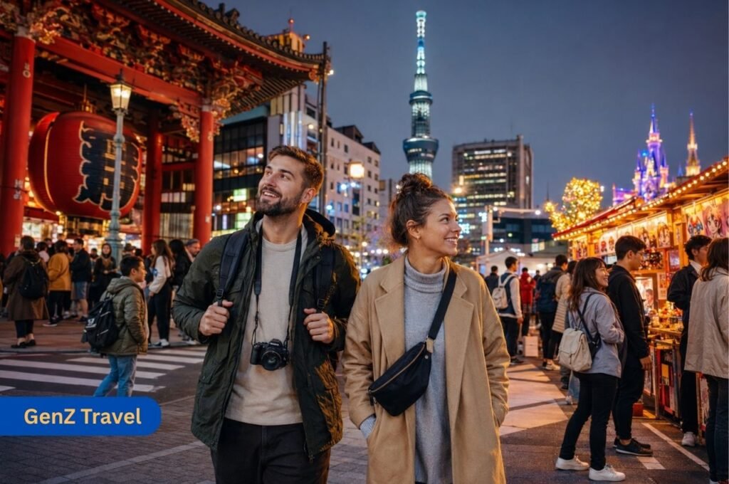 Tokyo Japan holidays with travellers exploring Asakusa temple, Shinjuku skyline, neon streets and Tokyo city attractions
