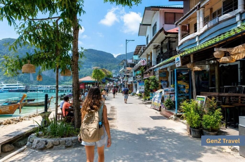 Traveller walking through the car-free lanes of Tonsai Village near the pier