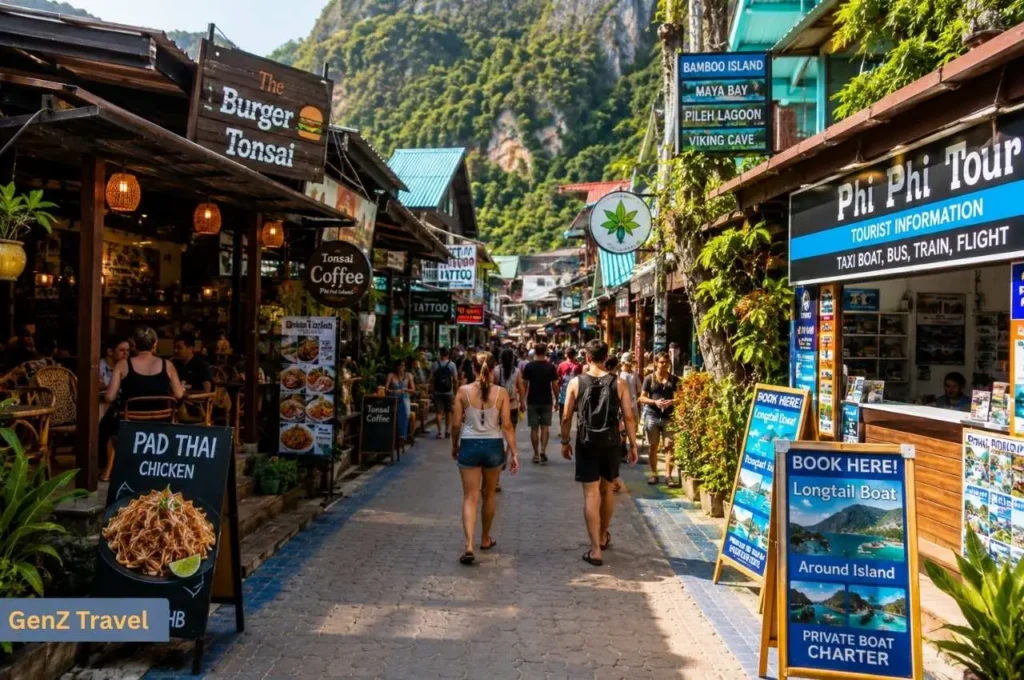 Tourists walking through Tonsai Village past restaurants, cafés, shops and Phi Phi tour desks.