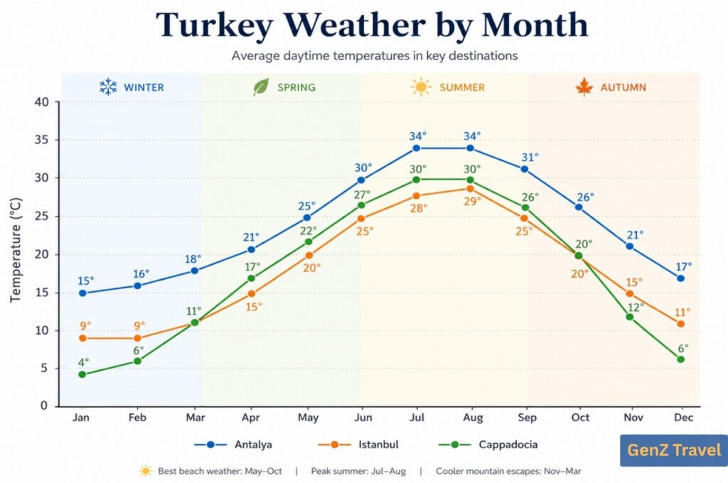 Monthly average daytime temperature chart comparing Antalya, Istanbul and Cappadocia across all four seasons