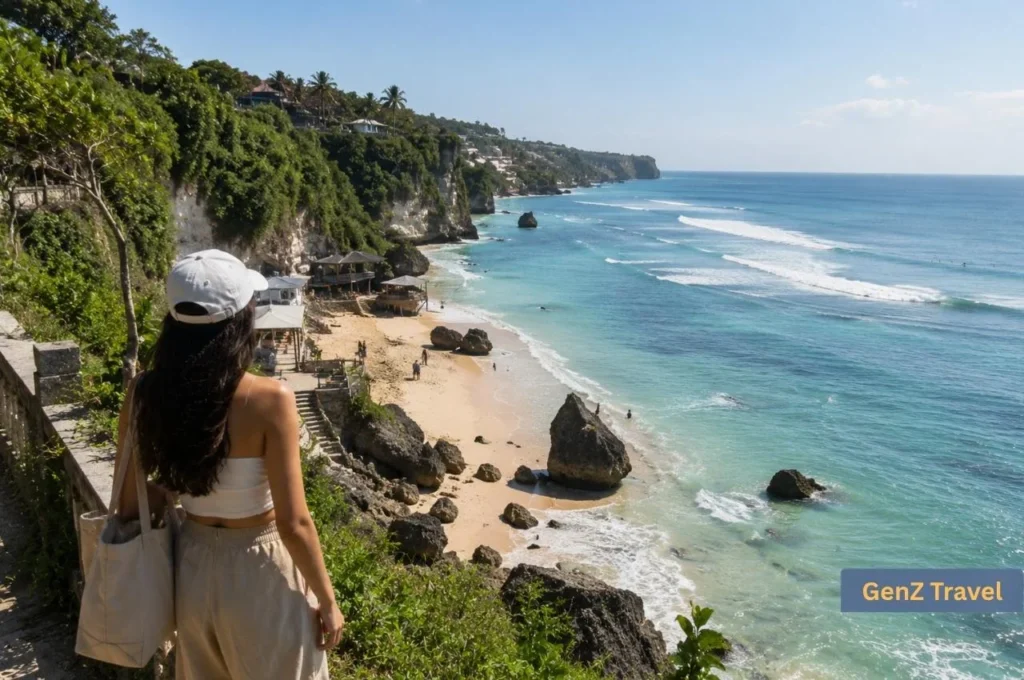 Traveller overlooking a cliff-backed beach and turquoise sea in Uluwatu, Bali.