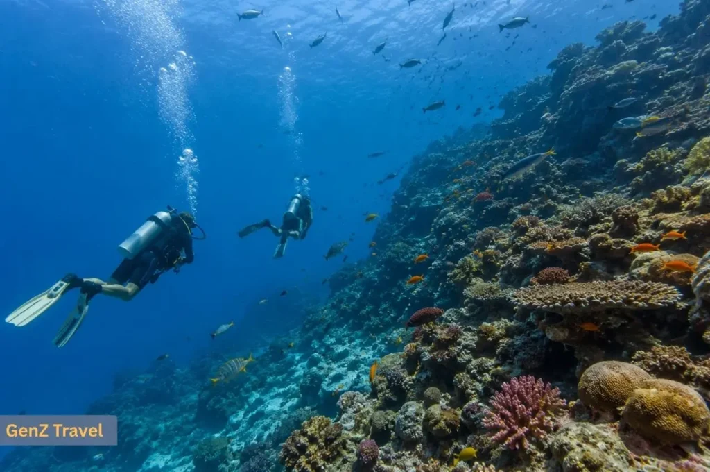 Scuba divers exploring a coral reef and marine life during a diving adventure in Vaavu Atoll