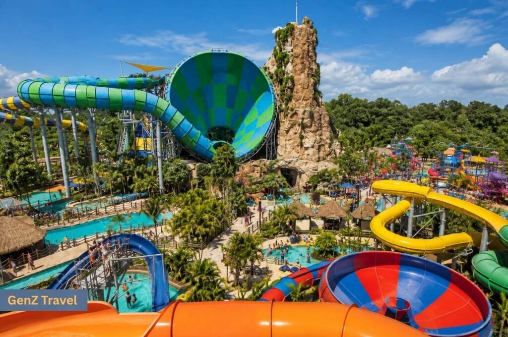 Aerial view of colourful slides, pools and tropical landscaping at Vana Nava Water Jungle in Hua Hin