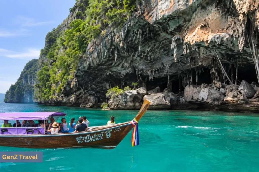 Long-tail boat carrying visitors past Viking Cave and limestone cliffs on Phi Phi Leh.