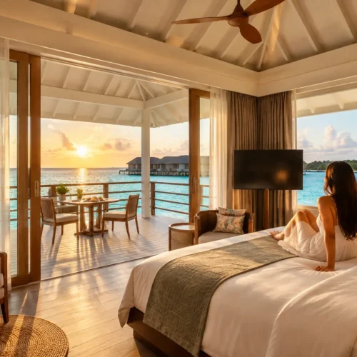 Luxury Maldives overwater villa bedroom with ocean view, private deck, sunset scenery and premium island resort accommodation