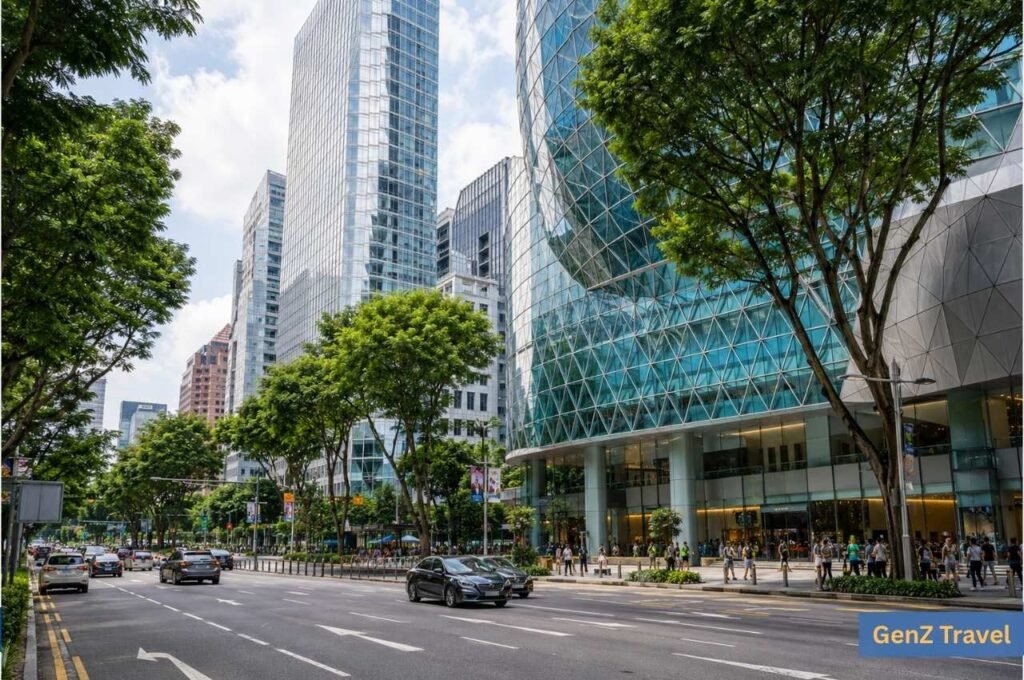 Orchard Road in Singapore with modern shopping centres, city traffic and tree-lined streets