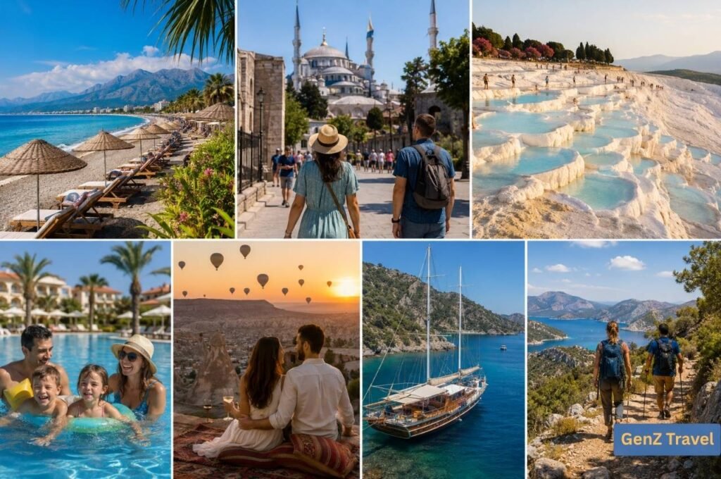 Turkey holiday experiences including beaches, Istanbul sightseeing, Pamukkale, family resorts, romance, sailing and hiking