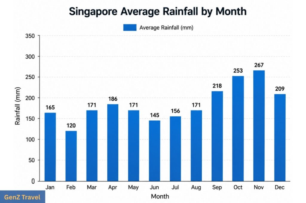 Singapore average monthly rainfall chart showing rainfall levels from January to December