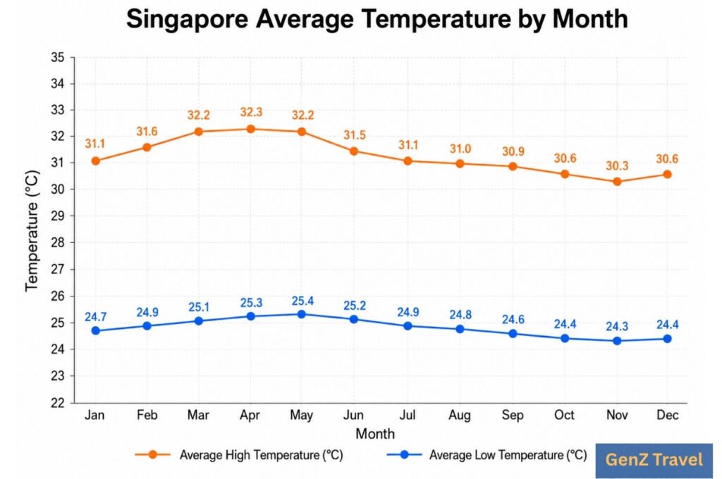 Singapore average monthly temperature chart showing daytime highs and nighttime lows throughout the year