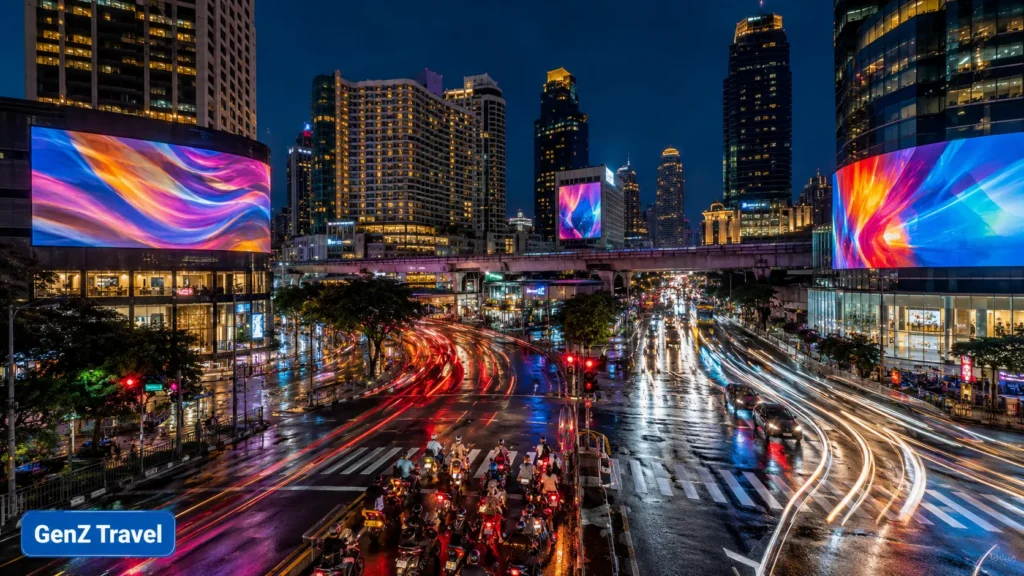 Busy Sukhumvit intersection in Bangkok at night with traffic, motorbikes and illuminated towers