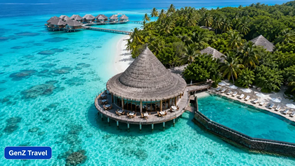 Baros Maldives overwater restaurant beside a beachfront infinity pool