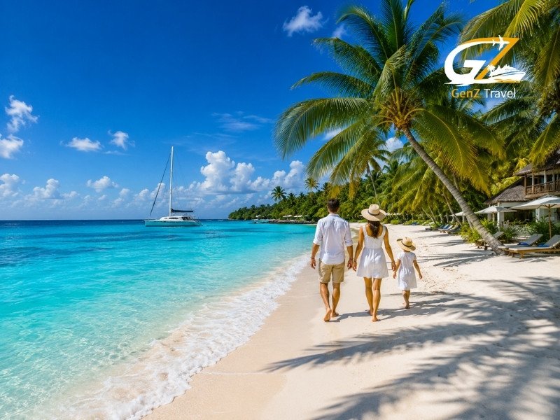 Best island in the Caribbean for UK travellers with turquoise water, white sand beach, palm trees, family walking .