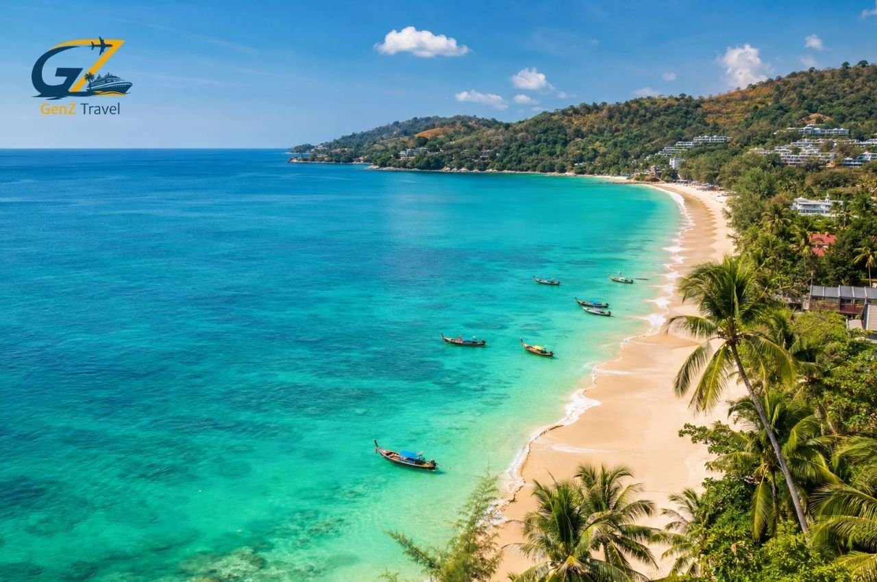 Best beaches in Phuket, Thailand with turquoise water, palm trees and longtail boats along a tropical Phuket coastline