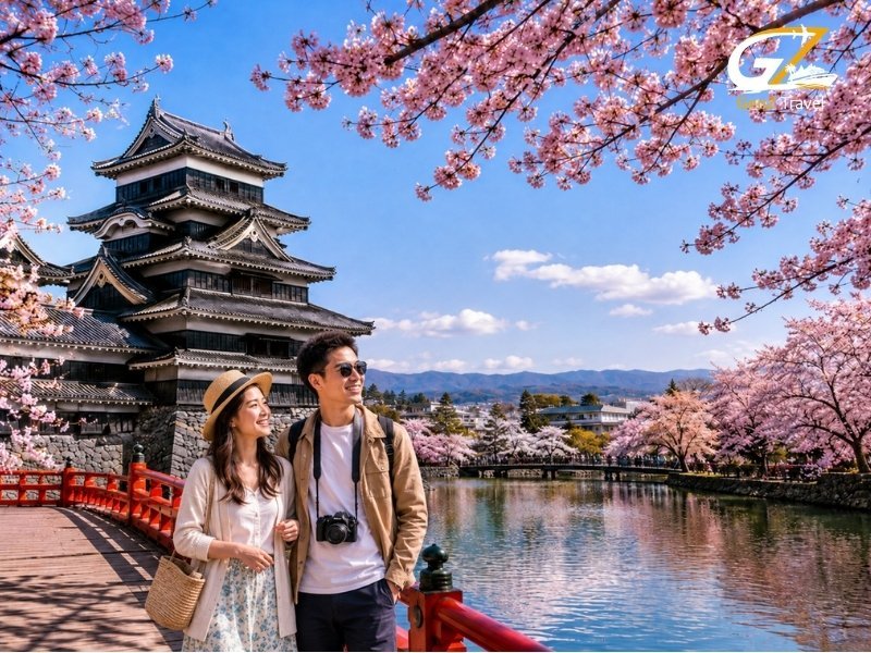 Couple exploring one of the best places to visit in Japan, surrounded by cherry blossoms, a historic castle and a scenic lake.